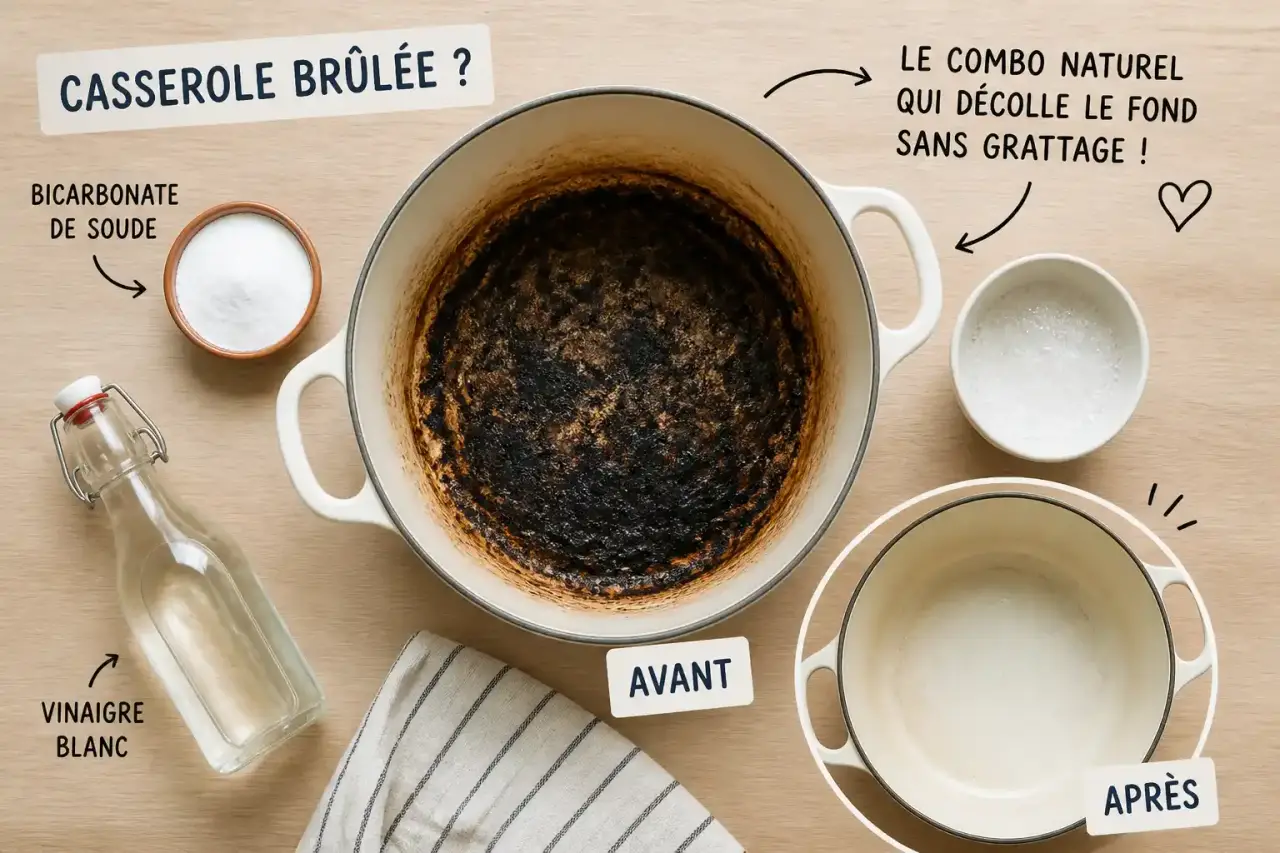 Casserole brûlée : le combo bicarbonate-vinaigre qui décolle le fond sans grattage