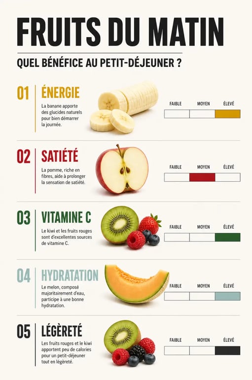 Quel fruit manger le matin : comparaison visuelle des fruits selon l’énergie, la satiété, la vitamine C et l’hydratation