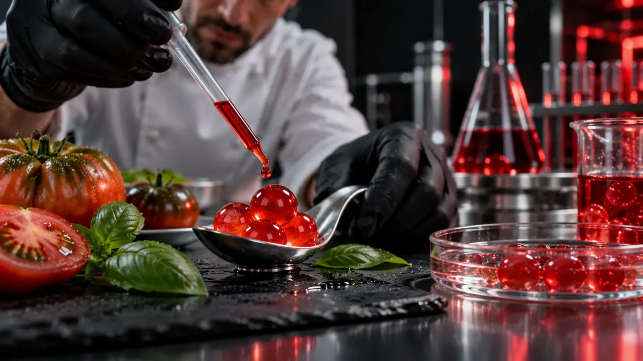 Sphères de jus de tomate bio dans une assiette noire de gastronomie expérimentale