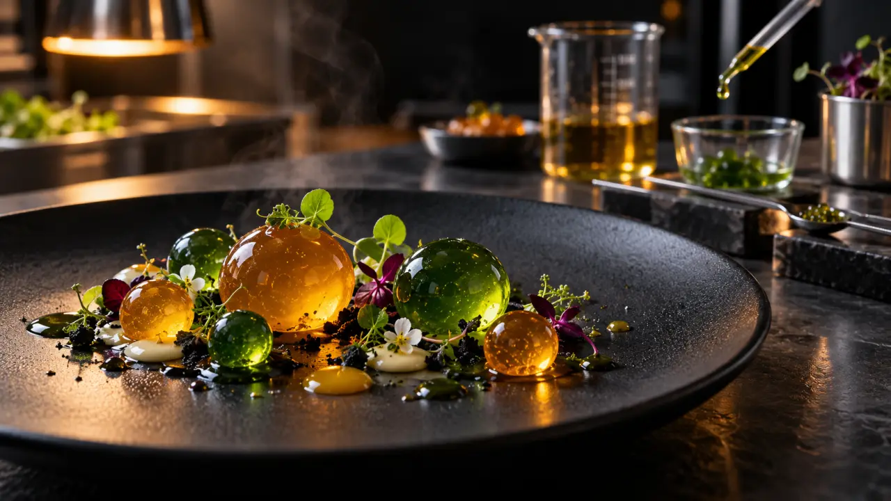 Sphères culinaires brillantes dressées sur une assiette noire de gastronomie expérimentale