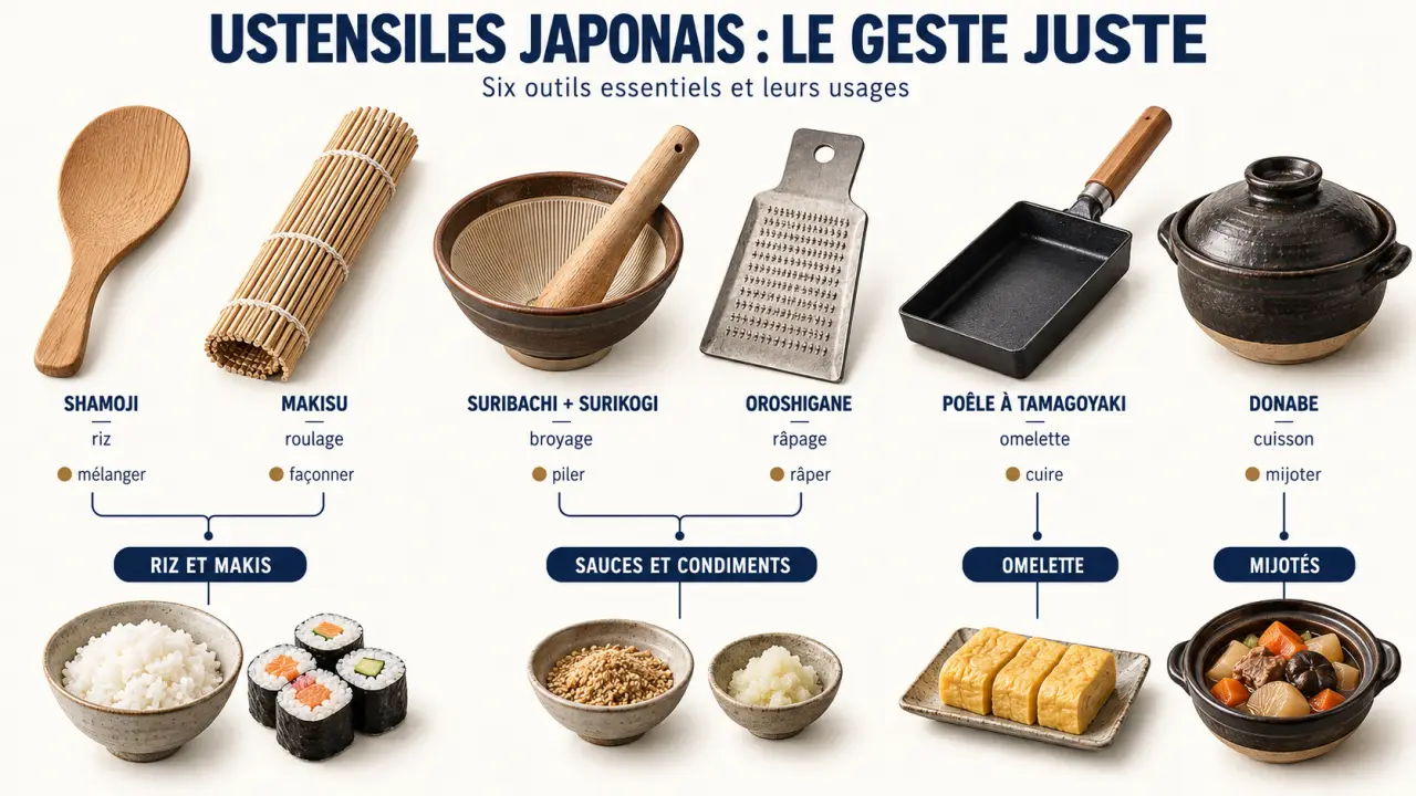 Ustensile de cuisine japonais : infographie des outils essentiels et de leurs usages