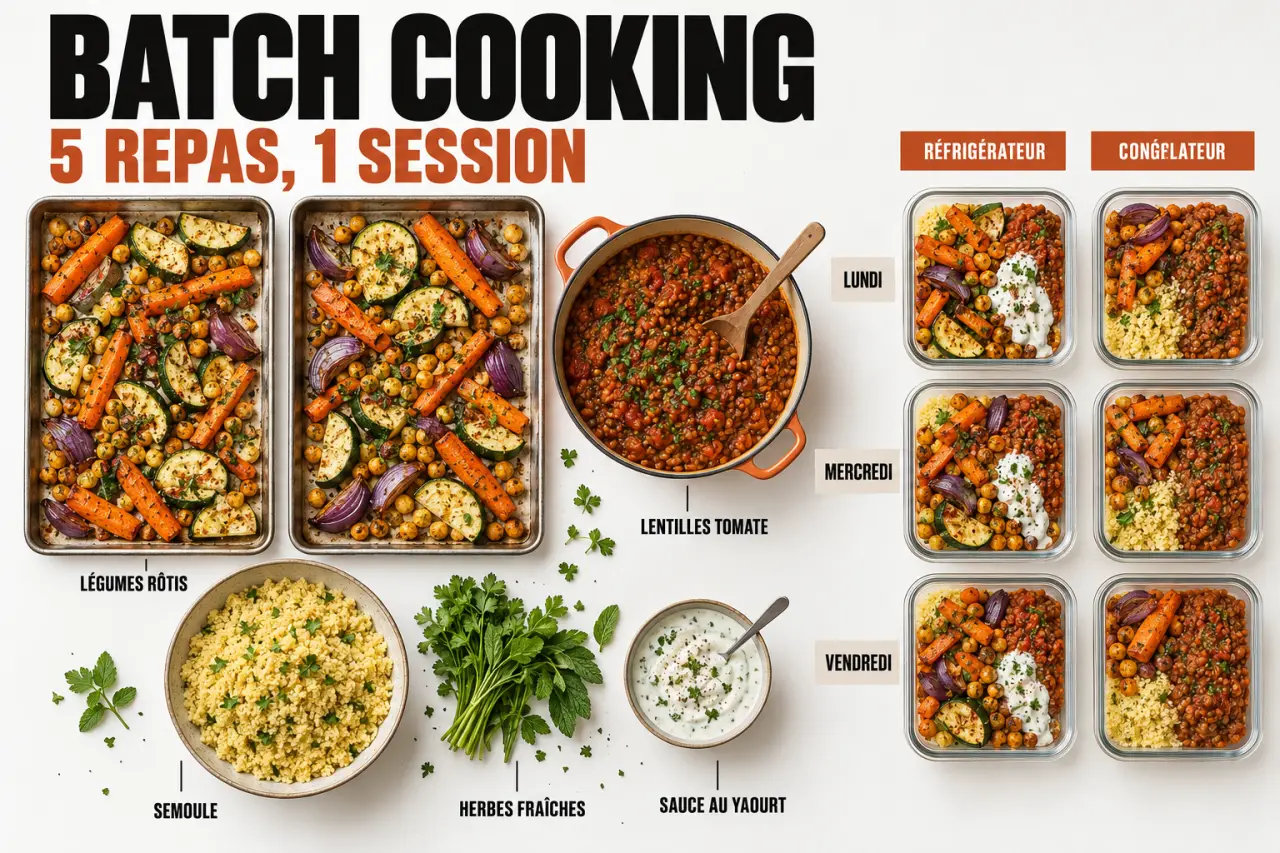 Recettes batch cooking : organisation d'une séance de préparation avec légumes rôtis, lentilles et contenants