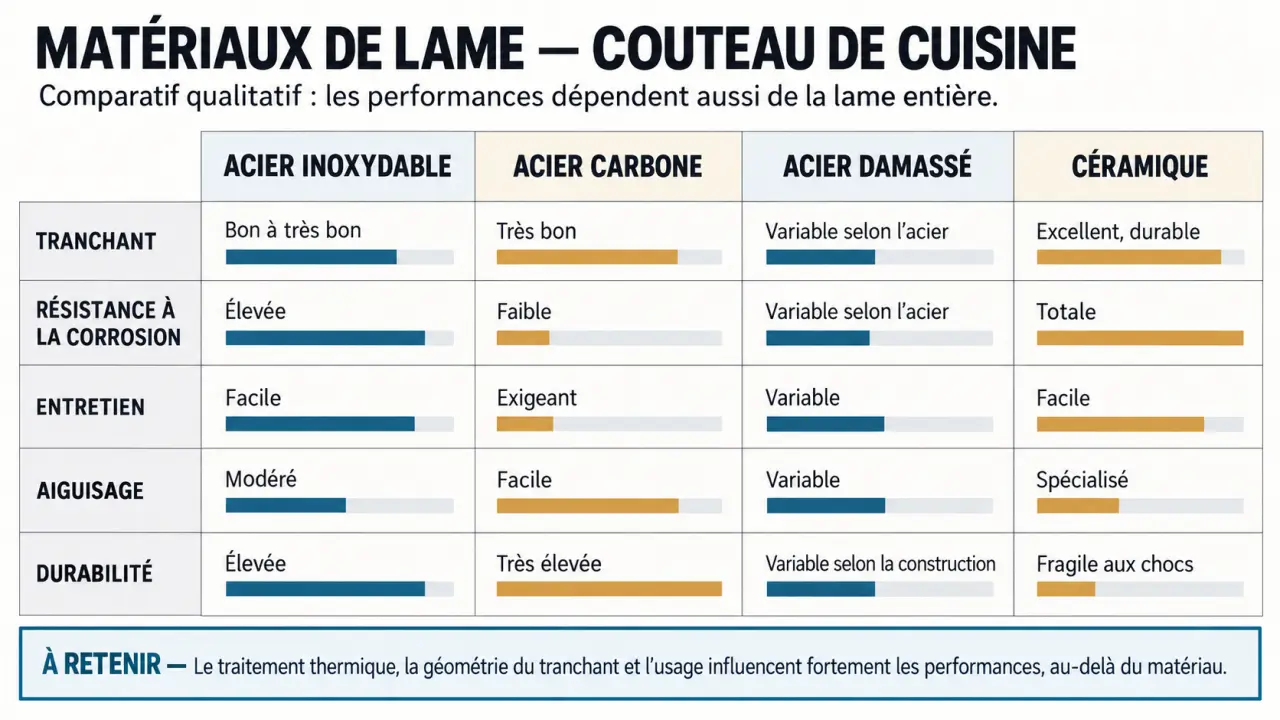 Couteau de cuisine qualité : comparaison des matériaux de lame et de leurs contraintes d’entretien