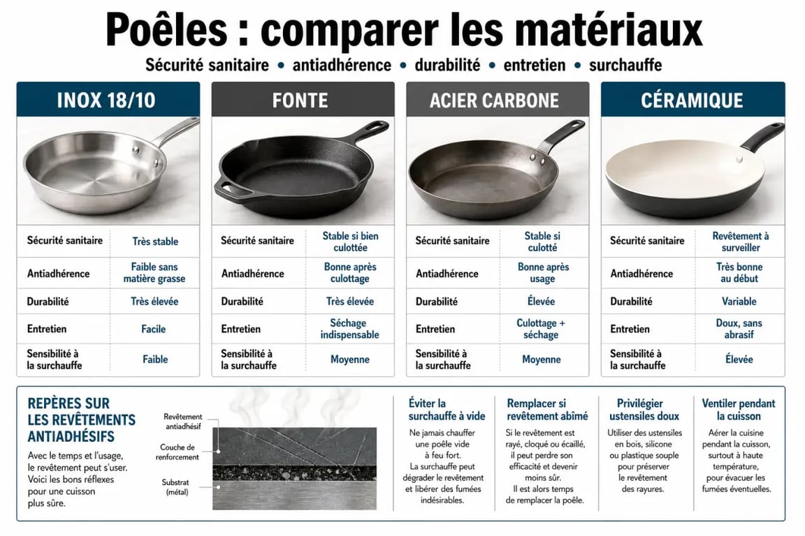 Quelle poêle choisir pour la santé : comparaison visuelle des matériaux inox, fonte, acier carbone et céramique
