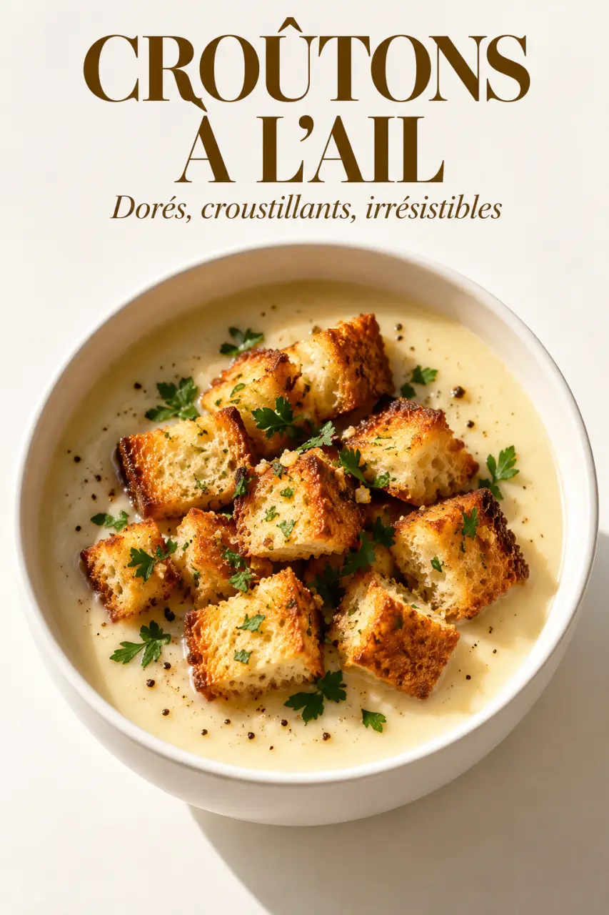 Recettes avec pain rassis : croûtons à l’ail dorés servis sur une soupe