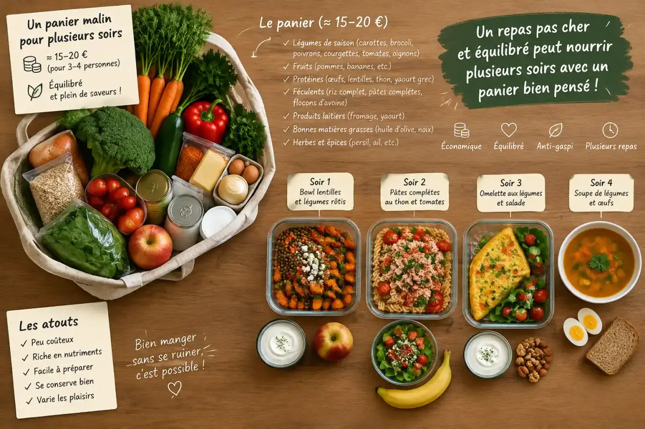 Un repas pas cher et équilibré peut nourrir plusieurs soirs avec un panier bien pensé