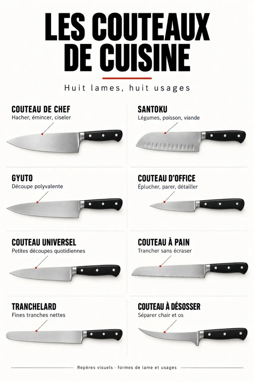 Couteau de cuisine qualité : comparaison visuelle des principaux types de lames et de leurs usages