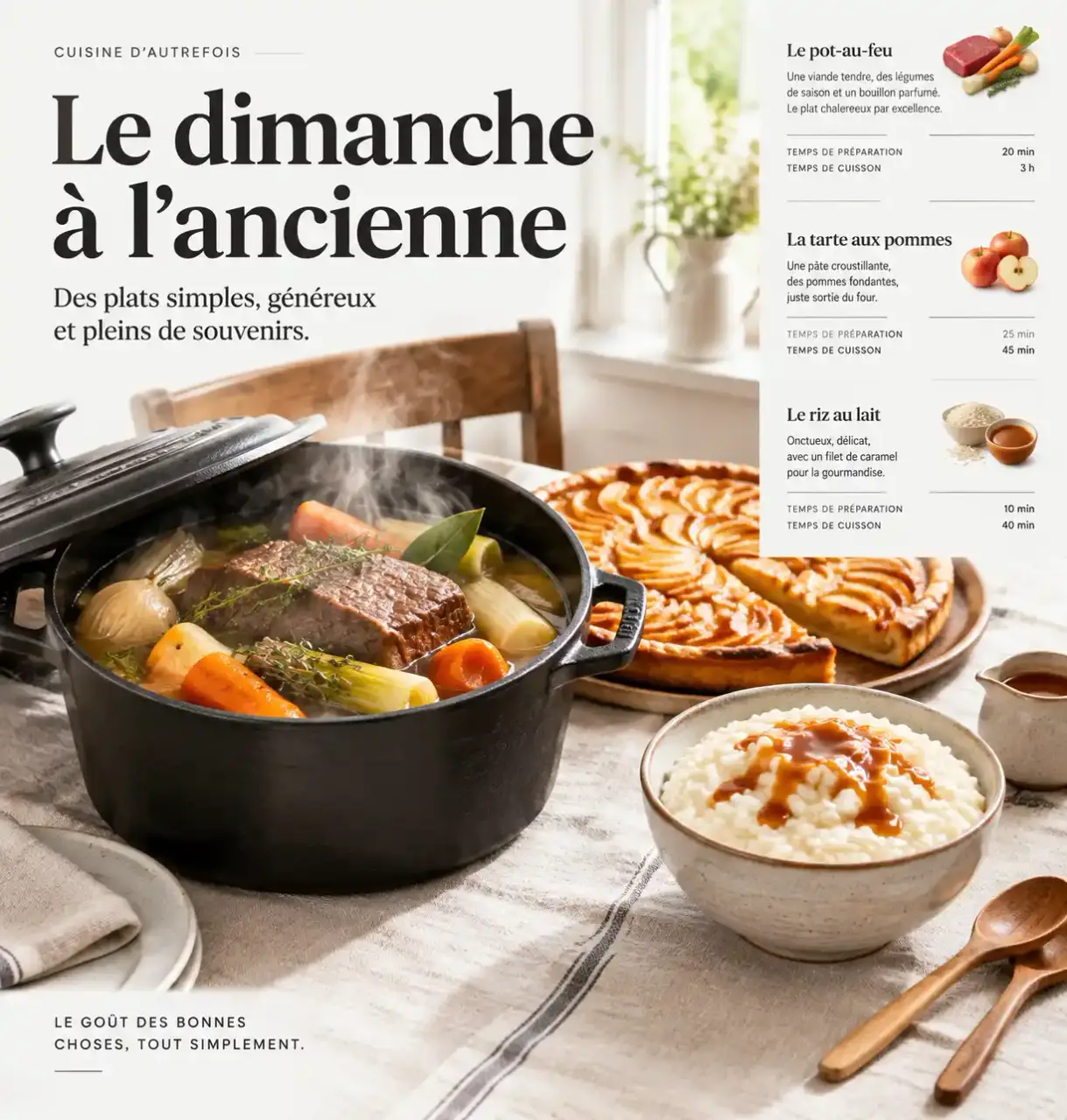 Vieilles recettes de cuisine de grand-mère : pot-au-feu, tarte aux pommes et riz au lait sur une table de dimanche