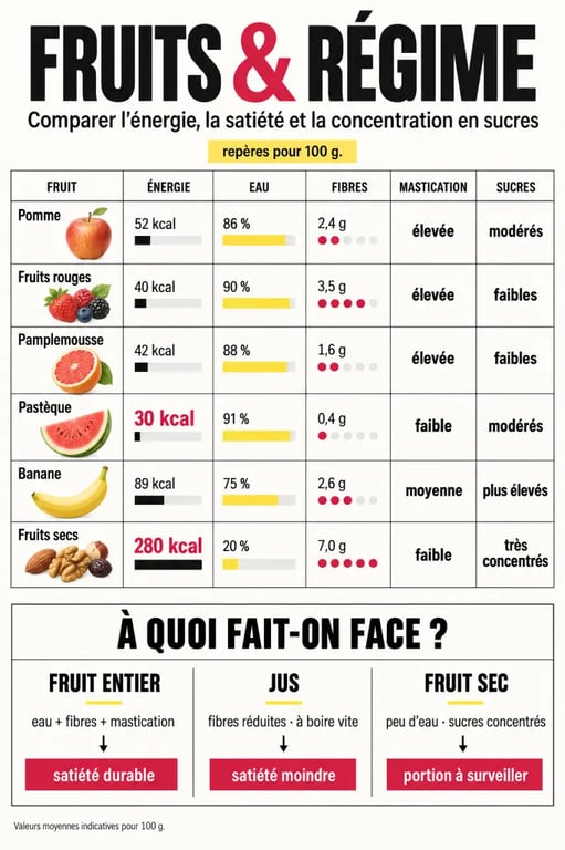 Infographie fruits pour regime : calories, fibres, eau et différence entre fruit entier, jus et fruits secs