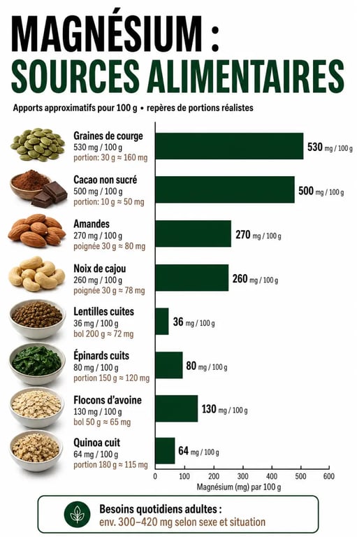 Infographie sur l’alimentation riche en magnésium montrant les aliments les plus riches et leurs portions réalistes