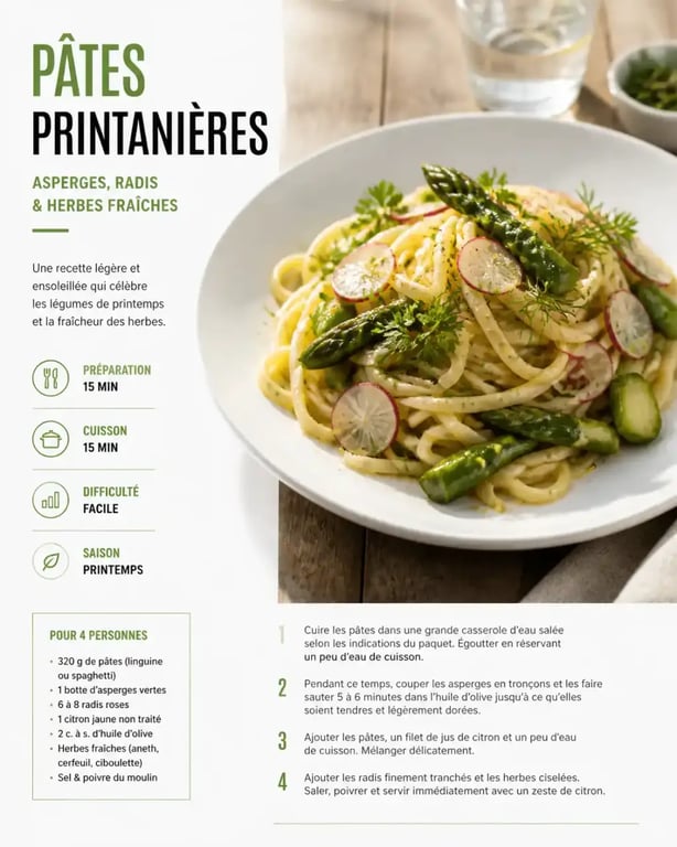 Idées repas avril : plat de pâtes printanières aux asperges fraîches et radis