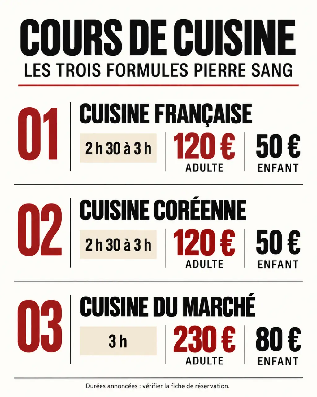 Infographie des formules de cours de cuisine Pierre Sang, tarifs et durées