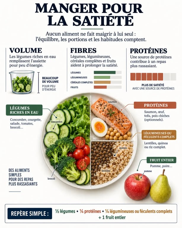 Infographie sur les aliments qui font maigrir et la composition d’une assiette rassasiante