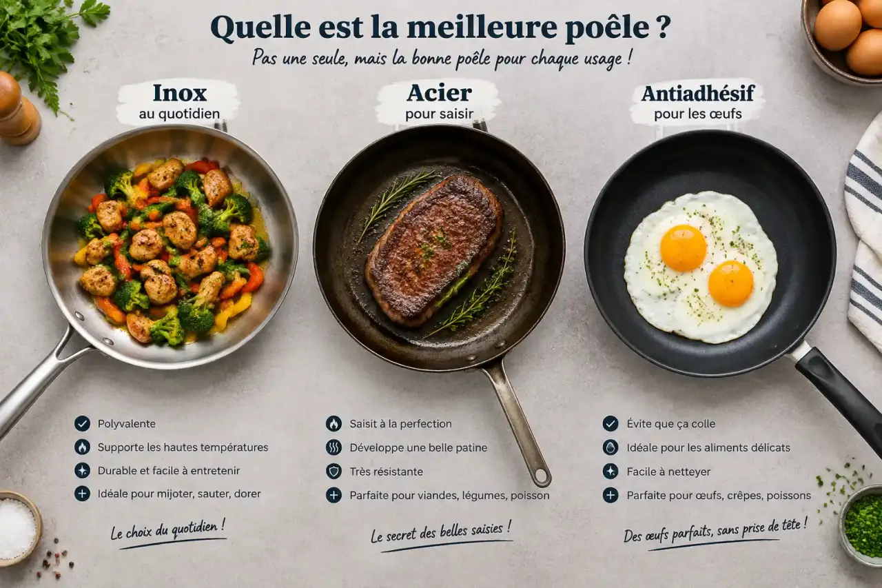 Quelle est la meilleure poêle ? Inox au quotidien, acier pour saisir, antiadhésif pour les œufs
