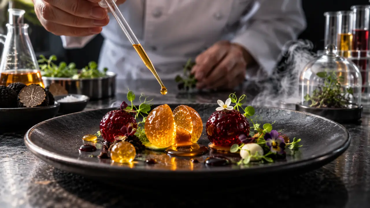 Sphère culinaire brillante déposée dans une assiette noire de gastronomie expérimentale