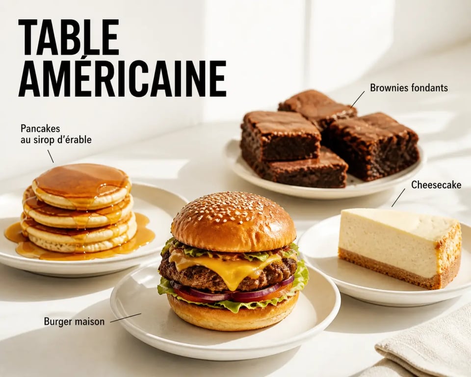 Cuisine americaine recettes : assortiment de burger maison, pancakes, brownies et cheesecake sur une table conviviale