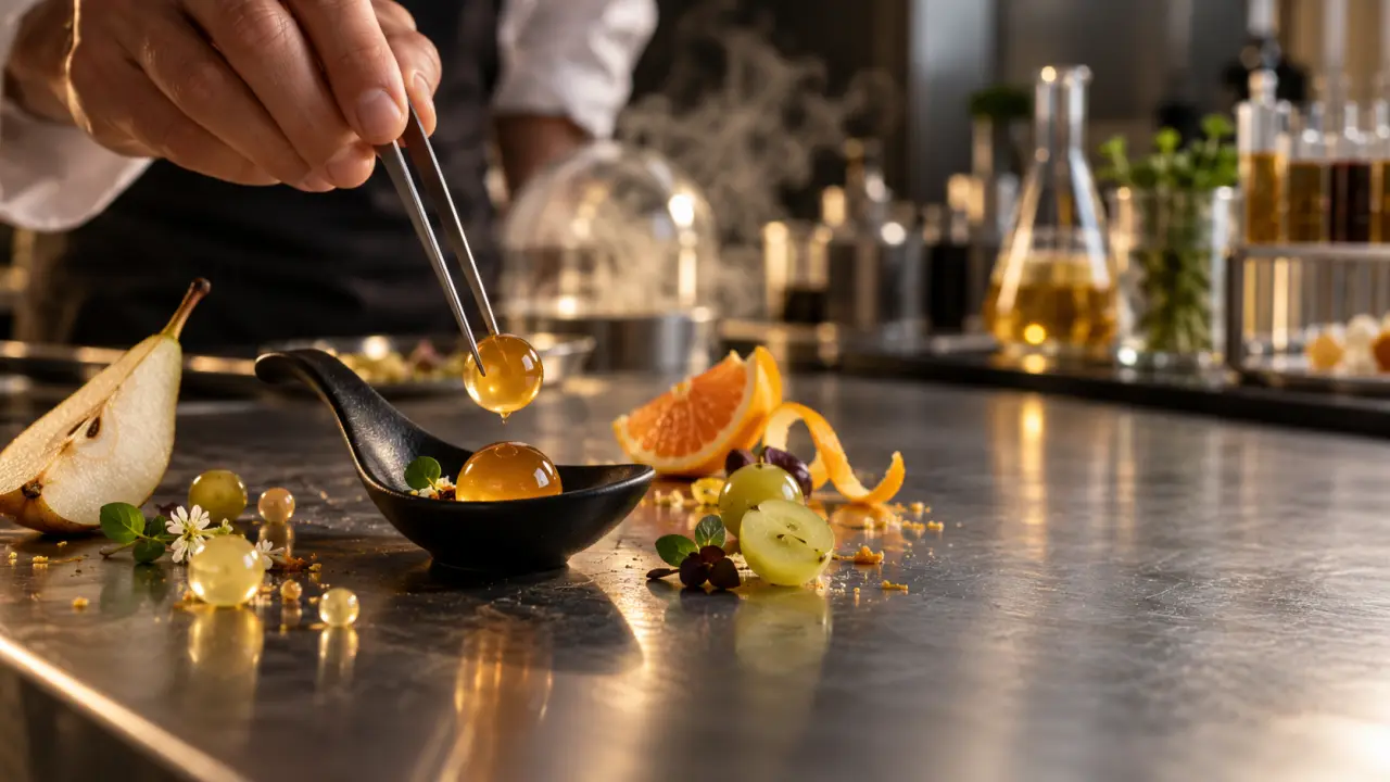Sphères de jus de saison présentées dans une assiette de gastronomie expérimentale