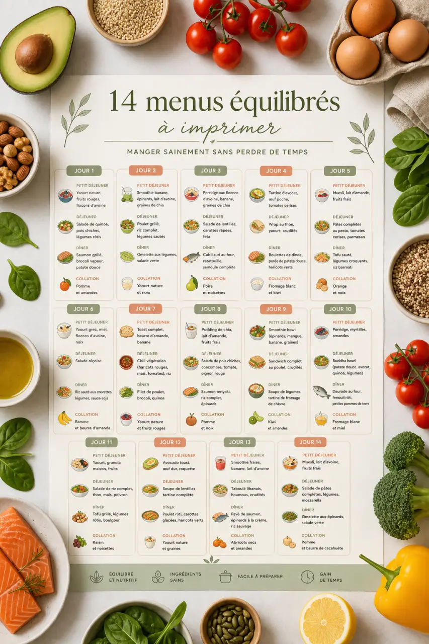 14 menus équilibrés à imprimer pour manger sainement sans perdre de temps