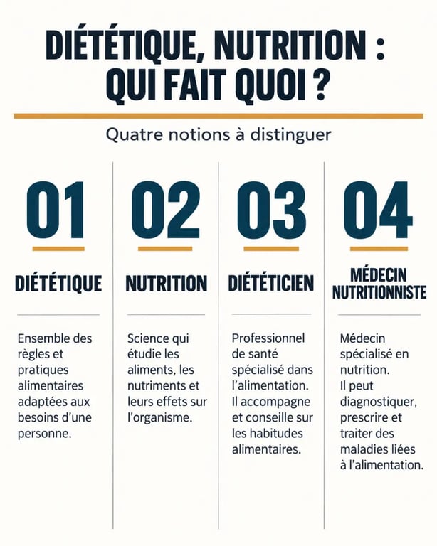 Infographie comparative sur la diététique, la nutrition, le diététicien et le médecin nutritionniste