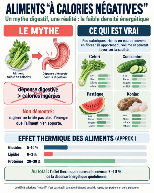 Infographie scientifique sur les aliments calories negatives, la densité énergétique et l'effet thermique des macronutriments
