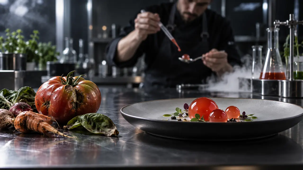 Sphère gastronomique dans une assiette noire, au cœur d'un laboratoire culinaire