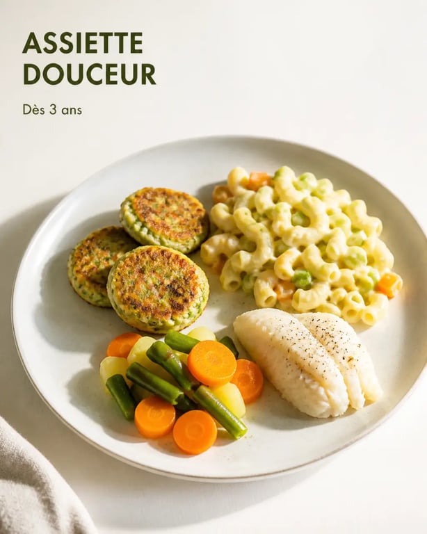 Recette enfant 3 ans : assiette familiale équilibrée avec mini galettes, pâtes crémeuses et légumes fondants