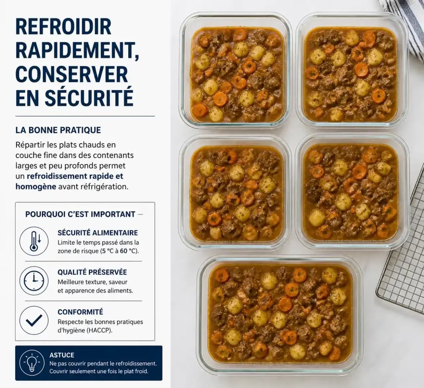 Contenants larges et peu profonds pour refroidir un repas préparé la veille pour 8 personnes