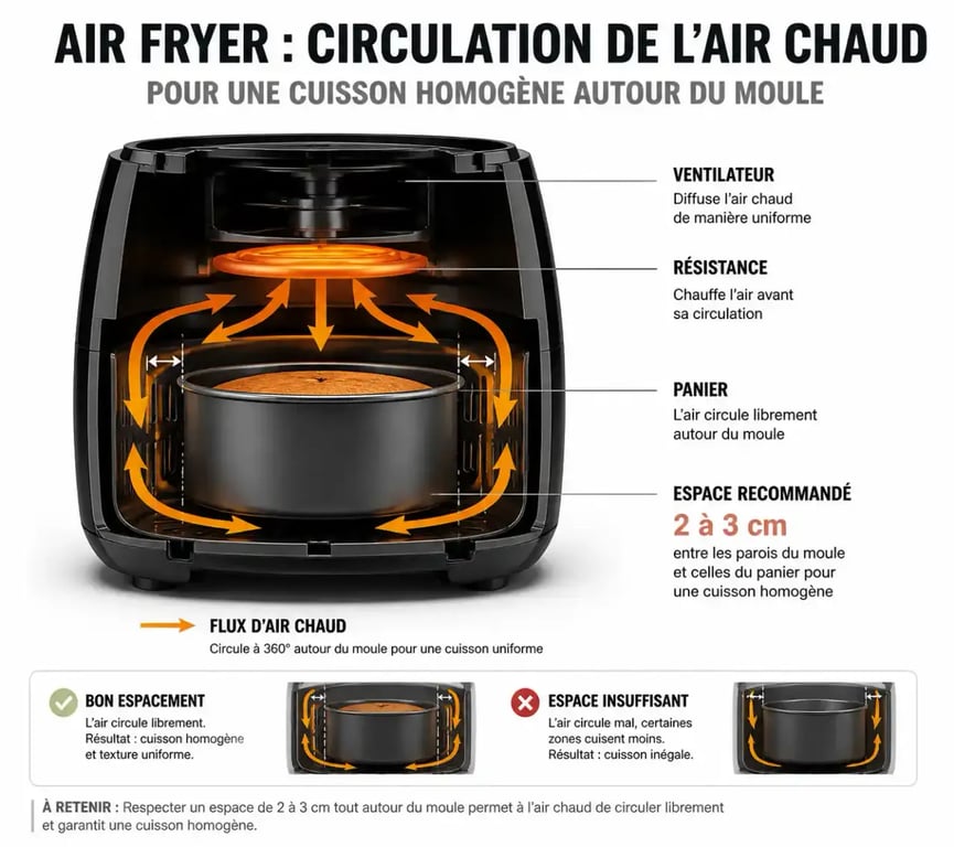 Schéma de circulation d'air chaud autour d'un moule pour air fryer