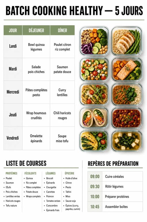 Batch cooking healthy PDF gratuit avec planning repas sur 5 jours, liste de courses et boîtes de préparation