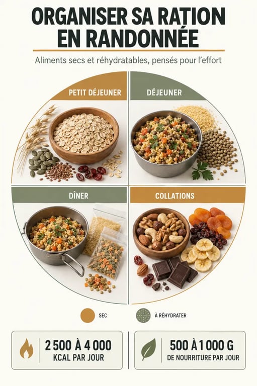Infographie d’idées repas randonnée avec répartition des aliments sur une journée