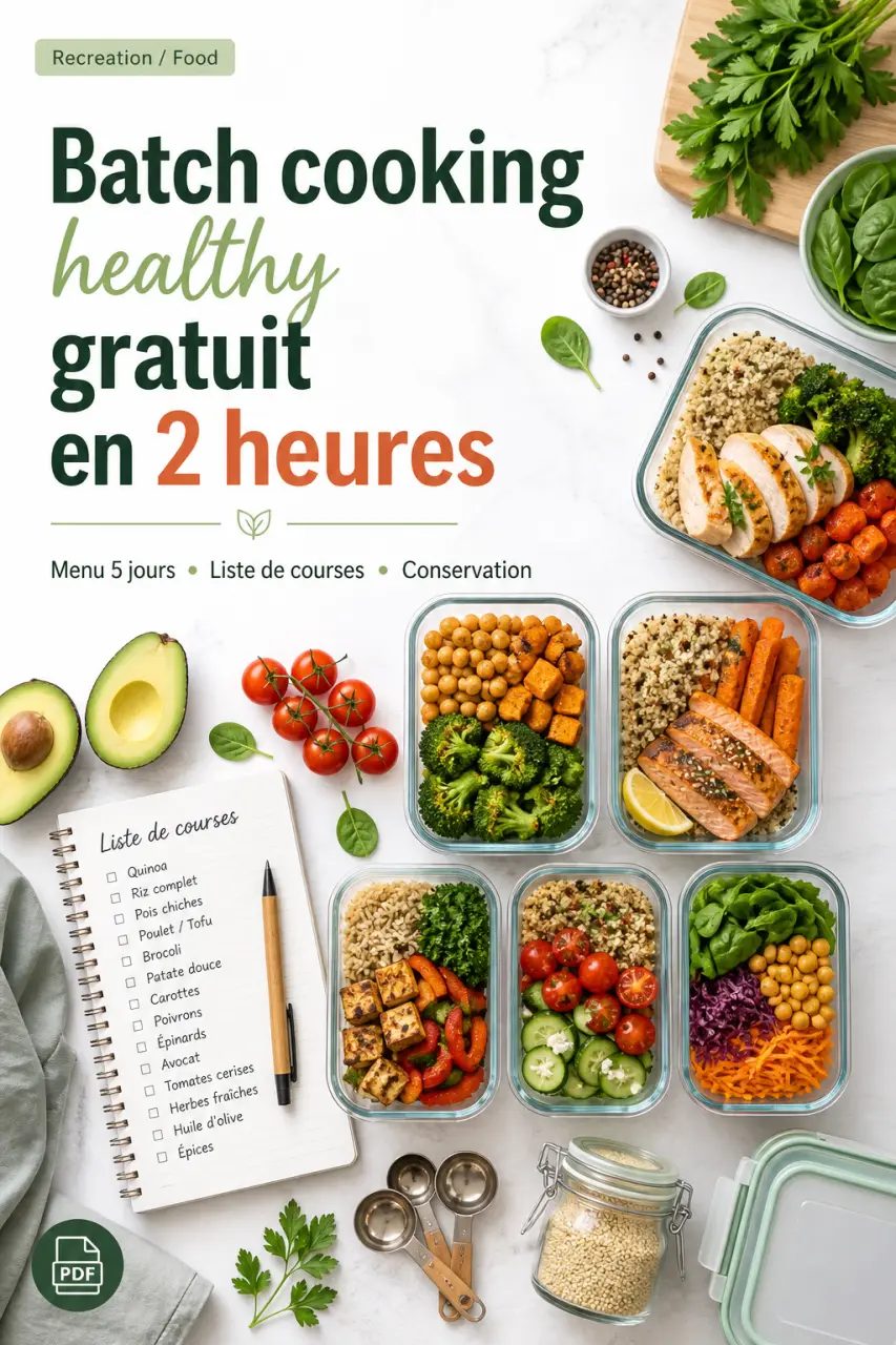 Batch cooking healthy PDF gratuit en 2 heures : menu 5 jours, liste de courses et conservation