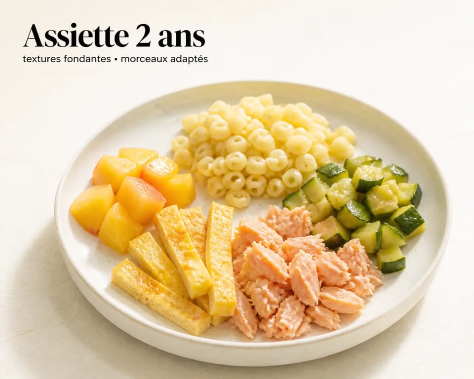 Recette enfant 2 ans : assiette familiale avec petites pâtes, légumes fondants et morceaux adaptés