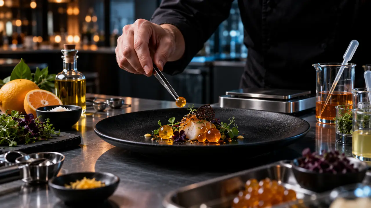 Sphères culinaires colorées dans une assiette noire de gastronomie expérimentale