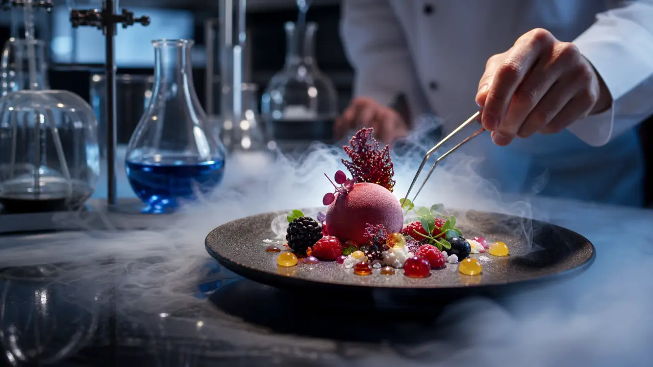 Dessert de gastronomie moléculaire servi avec un effet cryogénique sur assiette noire