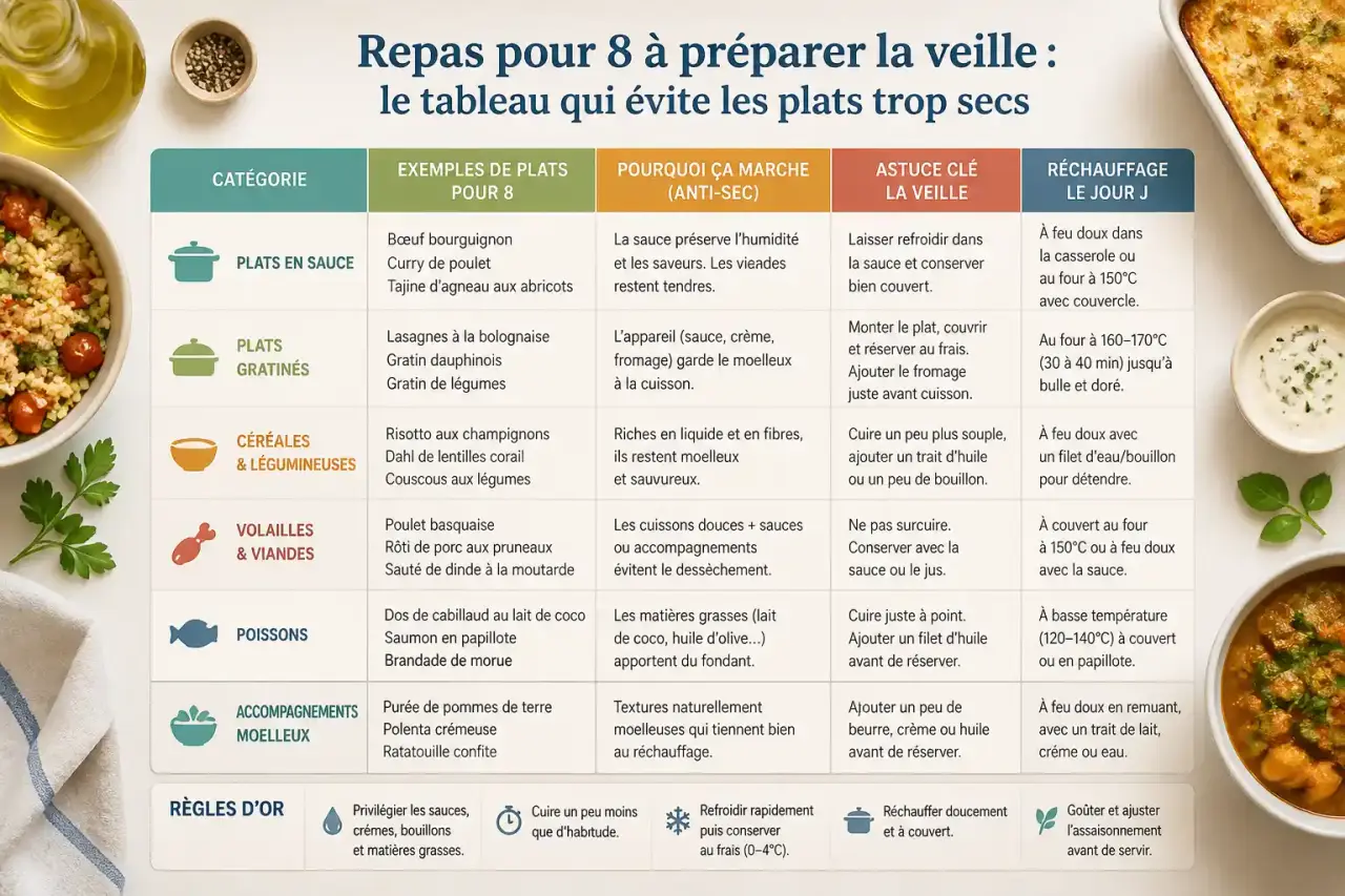 Repas pour 8 à préparer la veille : le tableau qui évite les plats trop secs