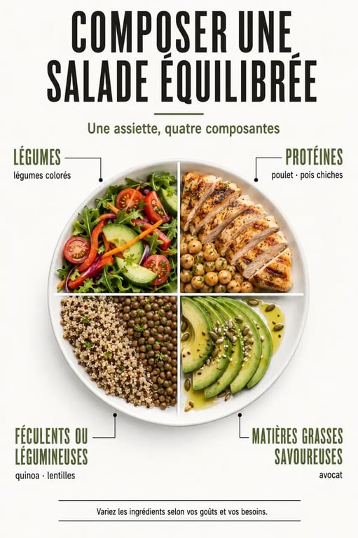 Infographie sur les composants d’une salade healthy équilibrée
