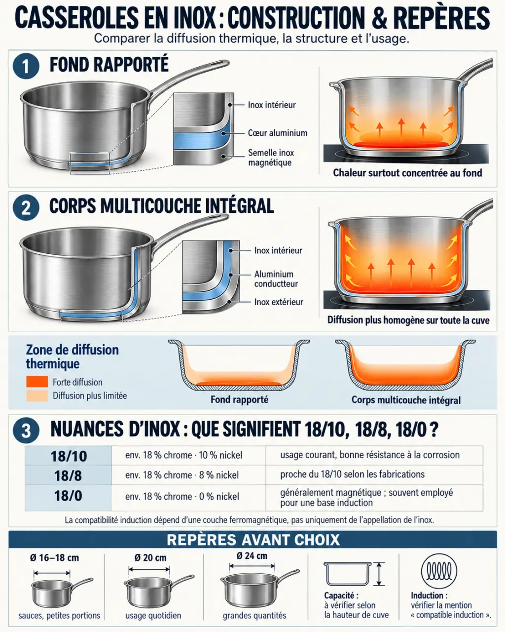 Infographie des critères pour choisir les meilleures casseroles en inox : construction, inox 18/10, fond et compatibilité induction