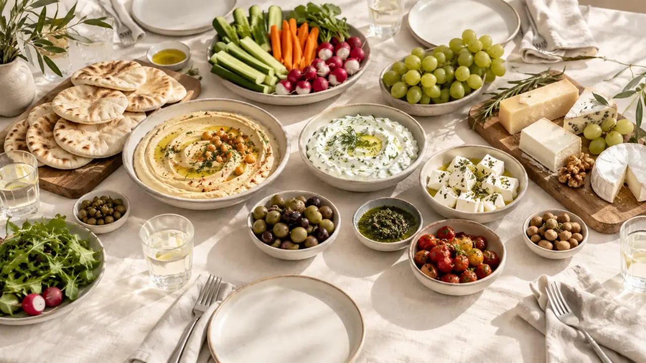 Table conviviale pour un repas sans préparation entre amis avec buffet méditerranéen