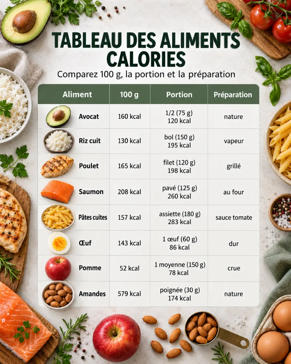 Tableau des aliments calories : comparez 100 g, la portion et la préparation