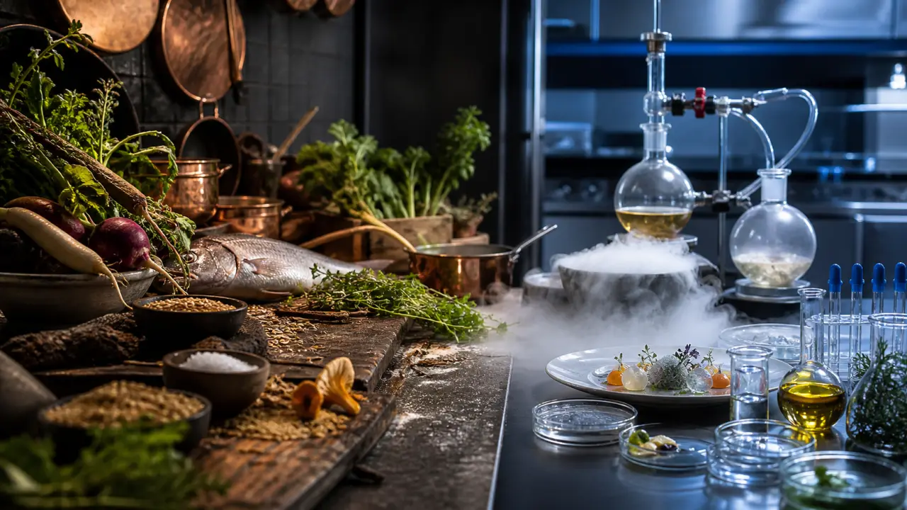 Plat de gastronomie moléculaire en clair-obscur, fumée légère et assiette noire texturée