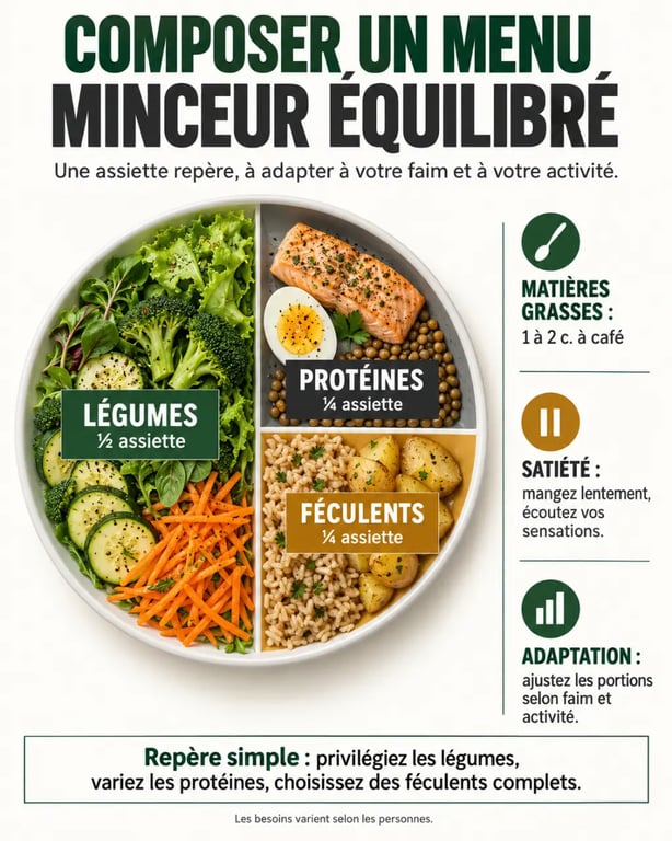 Infographie sur la composition d’un menu minceur équilibré avec légumes, protéines et féculents