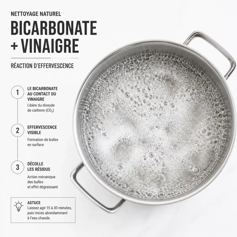 Nettoyage casserole brûlée avec bicarbonate et vinaigre en effervescence