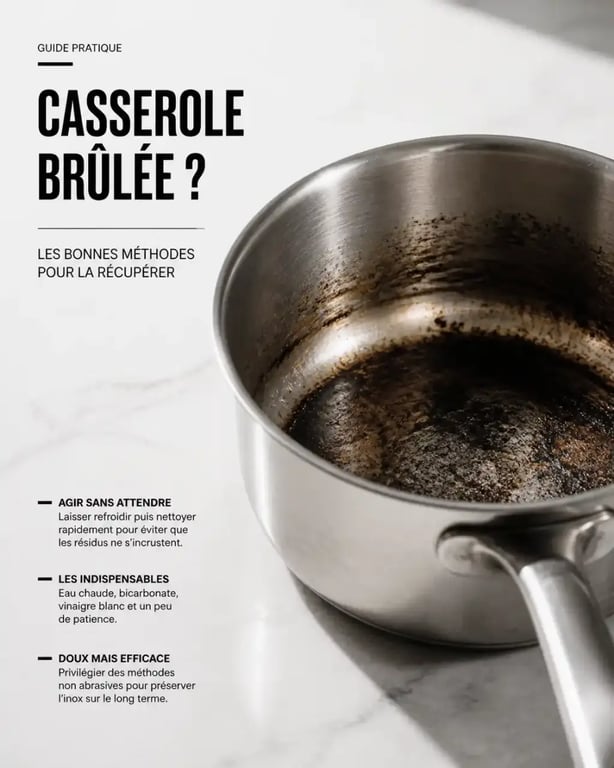 Casserole brûlée avant nettoyage avec fond carbonisé visible