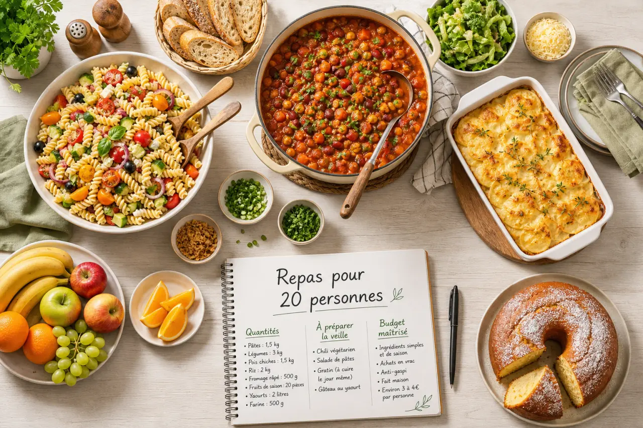Quel repas préparer pour 20 personnes ? Quantités, plats à la veille, budget maîtrisé
