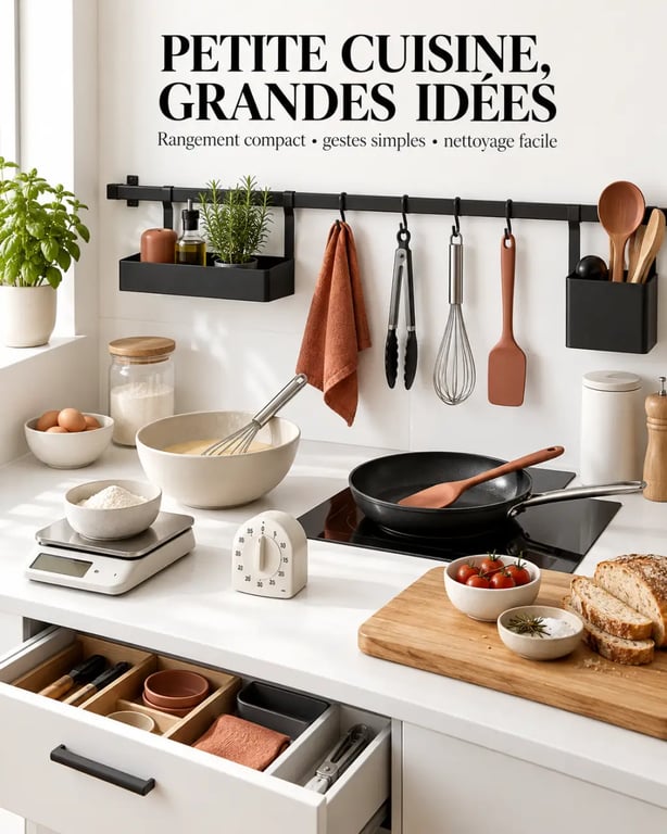 Gadgets de cuisine originaux pratiques et bien rangés dans une petite cuisine