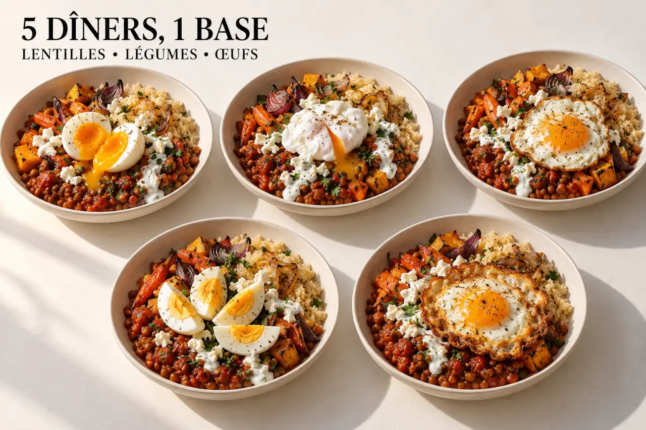 Recettes batch cooking : cinq dîners variés préparés avec des lentilles, des légumes rôtis et de la semoule