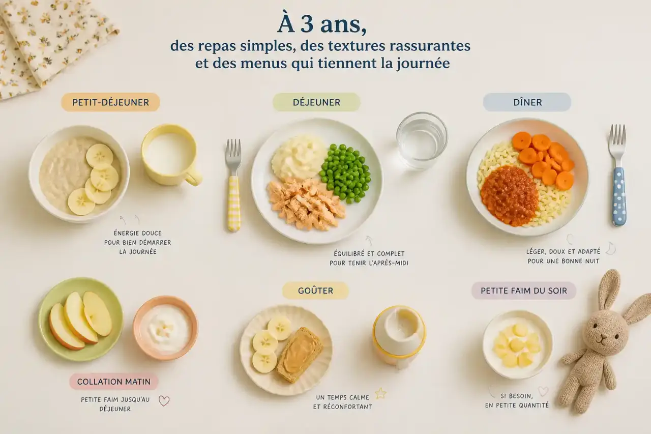À 3 ans, des repas simples, des textures rassurantes et des menus qui tiennent la journée