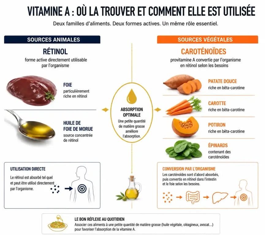 Infographie sur les aliments riches en vitamine A, distinguant rétinol animal et caroténoïdes végétaux