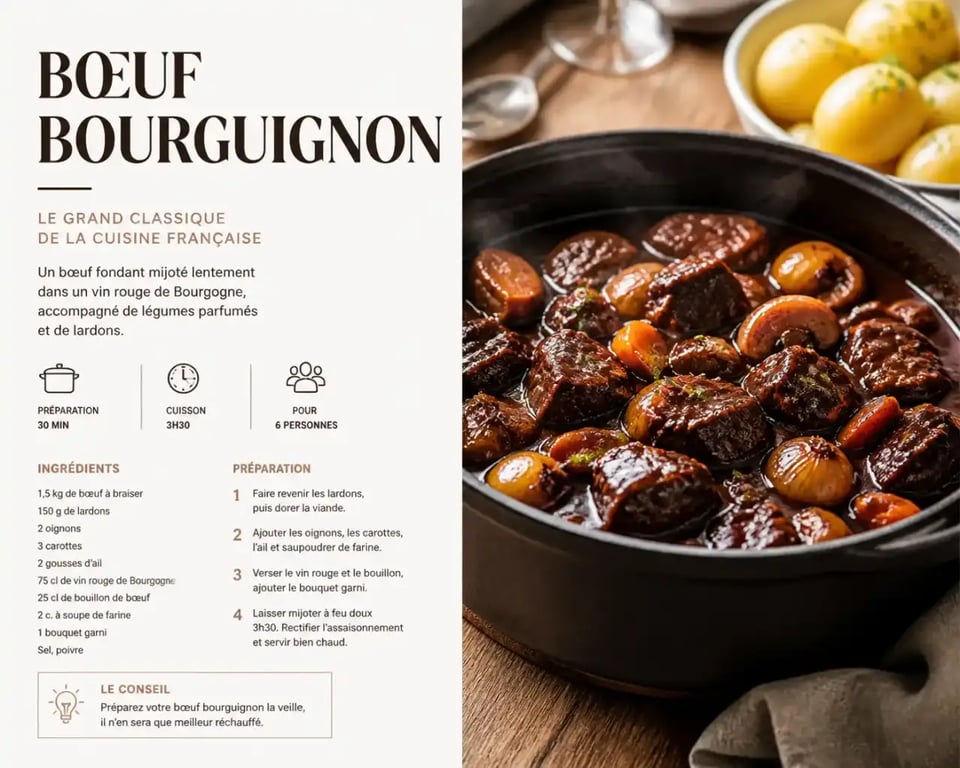 Repas pour 8 personnes à préparer la veille : bœuf bourguignon mijoté servi à table