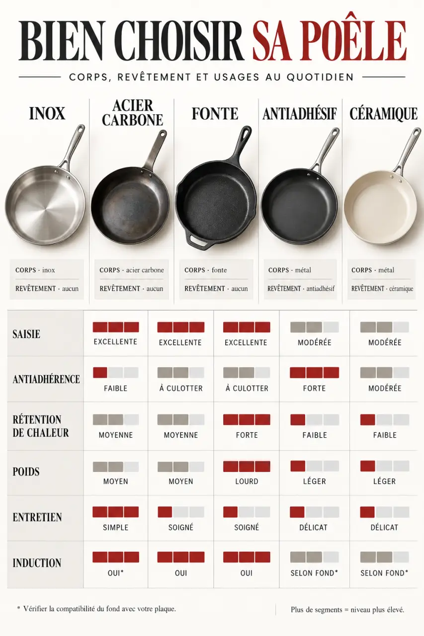 Quelle est la meilleure poêle : comparaison visuelle des matériaux, revêtements, usages et entretien